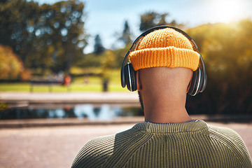 Image showing Back view, music headphones and man outdoor, listen to audio or streaming sound online. Radio, podcast and person at park in nature, garden and hearing media, jazz or hip hop on internet for freedom