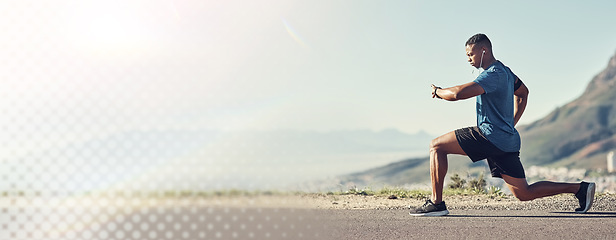 Image showing Fitness, stretching and man in road with watch for heartbeat, progress or tracking steps. Pulse, monitoring and guy runner in street with body stretch for running, training or morning cardio workout