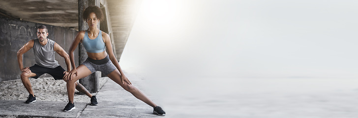 Image showing Legs, stretching and fitness couple outdoor with mockup for training, wellness or cardio routine together. Body, stretch and sweating sport people outside for running, exercise or resilience practice