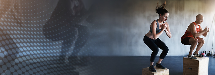 Image showing Fitness mockup woman and man in gym together for workout, commitment and jump on banner. Info space, exercise club and girl with personal trainer in sports challenge, motivation and double exposure.