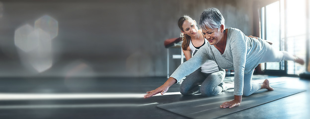 Image showing Exercise, mockup and mature woman in gym with personal trainer workout, help and stretching on banner. Info space, fitness and senior person with physio floor challenge, coaching motivation and bokeh