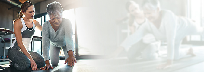 Image showing Fitness, mockup and mature woman in gym with personal trainer in workout, help and stretching on banner. Info space, exercise and senior person with physio challenge, motivation and double exposure.