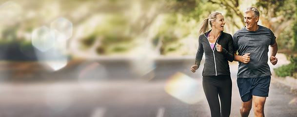 Image showing Mature, couple, running and fitness with mockup space and bokeh with smile from sport on road. Exercise, training and workout of a happy athlete on a street for health and wellness together outdoor