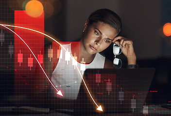 Image showing Woman, night and trading on stock market in loss, financial crisis or debt on overlay at office. Frustrated female person or trader working late in mistake, bad investment or bankruptcy at workplace