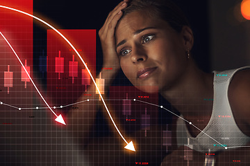 Image showing Woman, night and trading in mistake, stock market crash or loss in financial crisis or debt on overlay at office. Frustrated female person or trader working late in fail, bad investment or bankruptcy