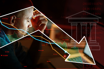 Image showing Man, stress and arrow for recession, double exposure and stock market crash with fail, mistake and data. Financial crisis, debt and inflation with interest rate stats, bank overlay and sad accountant