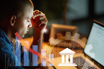 Image showing Man, stress and arrow by chart, double exposure and stock market crash for fail, laptop or data analysis. Financial crisis, debt and inflation with interest rate stats, bank overlay or sad accountant