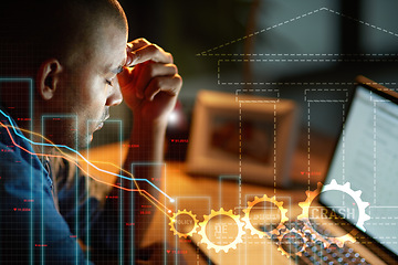 Image showing Man, stress and financial chart with double exposure, laptop and stock market crash with data analysis. Trading crisis, debt stats and inflation by interest rate graph, bank overlay or sad accountant