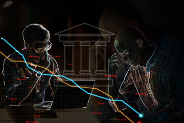 Image showing Business people, stress and financial chart with double exposure, stock market crash and data analysis. Trading crisis, debt stats and inflation by interest rate graph, bank overlay or sad accountant