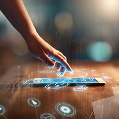 Image showing Hands, screen and tablet hologram of icons with 3d application, social media network and integration software. Person press on digital technology for futuristic experience or virtual reality at night