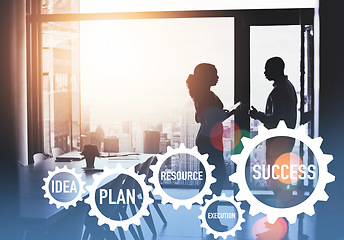 Image showing Business people, gear and planning with double exposure, tablet and synergy with strategy in office. Corporate partnership, businessman and woman with silhouette, illustration and idea for success