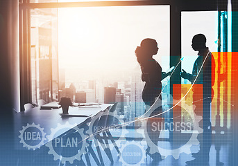 Image showing Business people, gear and strategy with double exposure, tablet and synergy with planning in office. Corporate partnership, businessman and woman with silhouette, illustration and chart for success