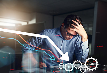 Image showing Businessman, night and trading on stock market crash or financial crisis in debt with overlay at office. Frustrated man or trader working late in mistake, investment loss or bankruptcy at workplace