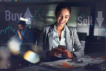 Image showing Business woman, phone and happy trading in night overlay with digital assets, investment and sell or buy statistics. Financial trader or investor on mobile software with increase, growth and profit