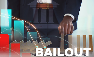 Image showing Businessman, hand and finance in support, statistics or overlay graph and chart for loan or investment. Closeup of employee pointing to bailout for financial struggle, crisis or business management