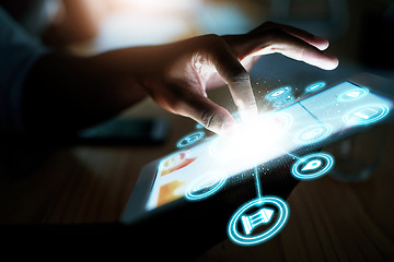 Image showing Person, hand and tablet at night with hologram, UI or 3D HUD and dashboard with icons on desk at office. Closeup of employee working late on technology in digital marketing or networking at workplace