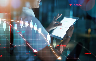 Image showing Business woman, hands and tablet at night on stock market crash, overlay or trading graph at office. Closeup of female person, trader or broker working late on technology in financial loss or drop