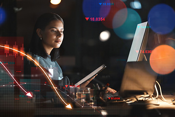 Image showing Woman, night and trading on stock market at night in financial crisis, loss or debt on overlay at office. Female person or trader working late with technology in mistake, bad investment or bankruptcy