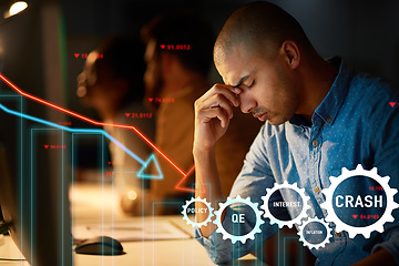 Image showing Man, stress and stock market crash, financial fail or business policy mistake, bank or system error in office overlay. Frustrated broker with headache or pain for night statistics or data on computer