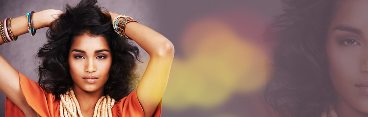 Image showing Woman, face and beauty in portrait, double exposure and banner with mockup space and studio background. Bokeh, hair and Indian fashion model in portrait, style and clothes, overlay and cosmetic care