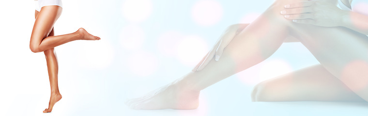 Image showing Beauty, legs and double exposure with a woman in studio on a banner for natural skincare or wellness. Hands, mockup space and a model touching her smooth skin after treatment at the spa or salon