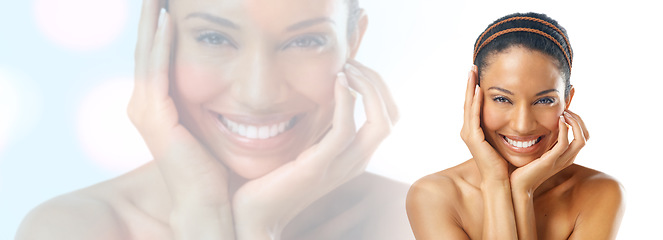 Image showing Happy woman, skin and beauty in portrait, double exposure and banner with mockup space on white background. Bokeh, dermatology with skincare, cosmetic care overlay with hands and smile in a studio