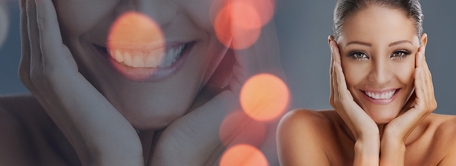 Image showing Double exposure, beauty and portrait of woman with skincare, smile and glow on skin isolated in a gray background. Face, natural and happy young person relax with cosmetic calm, care or aesthetic