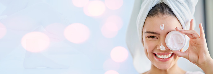 Image showing Happy woman, portrait and face cream on banner for skincare or beauty on bokeh background. Female person or model smile with lotion, creme or moisturizer in for spa, product or cosmetics on mockup