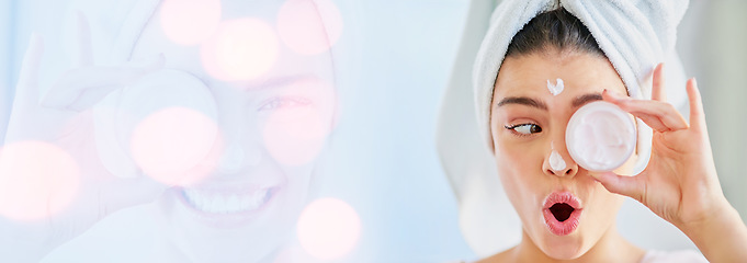 Image showing Woman, cover eye and beauty cream, skincare and wow for results or facial product on white background in double exposure. Model thinking of collagen, skin care and dermatology banner or bokeh overlay