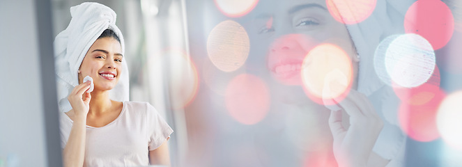 Image showing Happy woman, portrait and cotton pad on banner for skincare or makeup removal on bokeh background. Female person or model smile and wiping face for spa treatment, healthy skin or cosmetics at home