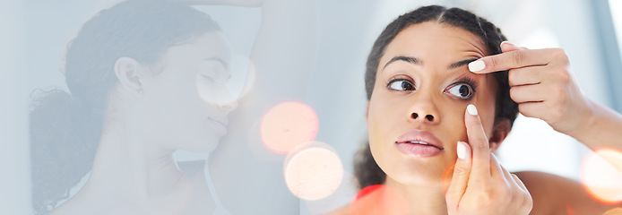 Image showing Double exposure, grooming and woman check contact lenses for morning hygiene for beauty and cosmetics. Eyes, routine and young person with makeup for skincare with deodorant smell in bathroom