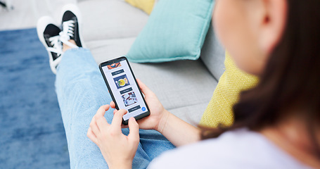 Image showing Woman, hands and phone with online shopping, menu or mobile app for food delivery in home. Ecommerce, screen and person scroll on sofa with website, catalog or decision for dinner meal in living room