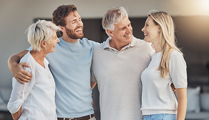 Image showing Real estate, senior parents or happy family laughing with smile in new house, apartment or residence. Retirement, mature mom or funny father with joy, woman or proud man moving in property investment