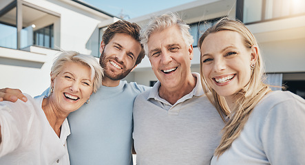 Image showing Selfie of happy family outside new home, real estate and investment with future mortgage with security. Photography, portrait of men and women in backyard of property, group of people with smile.