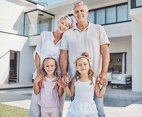 Image showing Real estate, family home or portrait of happy kids with grandparents in new house, apartment or residence. Retirement, smile or grandfather with grandmother or children siblings moving in property