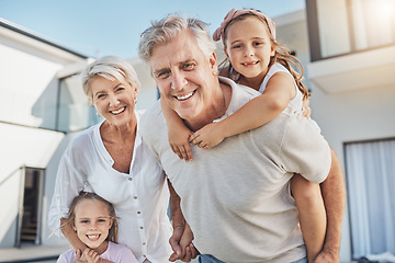 Image showing Happy, portrait and grandparents with girl children playing in the backyard of family home. Smile, love and kids bonding and having fun with grandmother and grandfather in the garden at modern house.