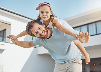 Image showing Father portrait, piggyback or child in new home as a happy family on real estate with love, smile or care. Airplane, playing or kid with a proud dad on property in relocation together in dream house