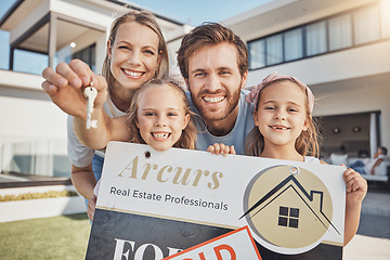 Image showing Portrait of happy family, sold sign or home keys for moving into a new house with mom, dad or kids. Smile, success or parents with children siblings, goal or loan for property real estate purchase