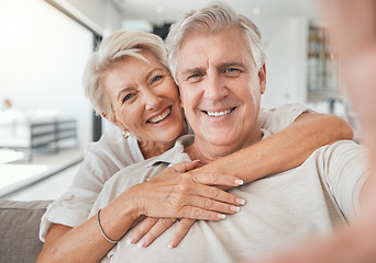 Image showing Social media, senior or portrait of a happy couple in a selfie on home sofa together on network app online. Photograph memory, smile or woman in fun pictures with a mature man to post, bond or relax
