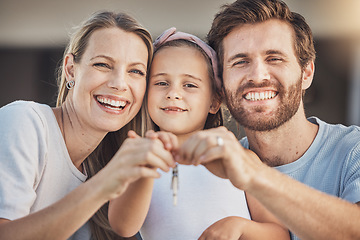 Image showing Happy family, portrait and child with keys for real estate success, new home and moving together in neighborhood. Face of mother, father and girl kid with property investment, mortgage or house loan