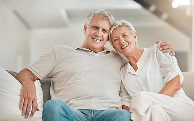 Image showing Senior, portrait or happy couple hug in home with love on sofa to bond in a marriage commitment together. Smile, face or mature people in retirement with care or support in living room to relax