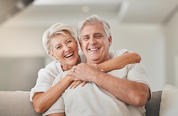 Image showing Happy senior couple, portrait and hug on living room sofa for embrace, relationship or love at home. Mature woman hugging man with smile in happiness for care, support or trust together in house