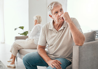 Image showing Ignore, elderly couple and divorce on sofa in home living room for conflict, fight or stress for marriage crisis. Senior man, woman and depression, angry at mistake or frustrated at relationship fail