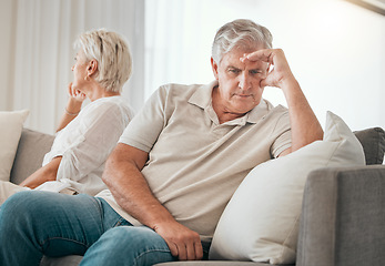 Image showing Ignore, senior couple and divorce on sofa in home living room for conflict, fight or stress for marriage crisis. Elderly man, woman and depression, angry at mistake or frustrated at relationship fail