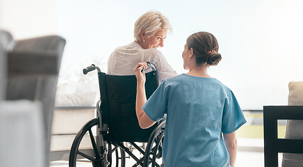 Image showing Old woman in wheelchair, care or caregiver talking for healthcare support at nursing home. Back, view or happy nurse speaking to senior patient or elderly person with a disability for empathy or hope