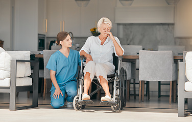 Image showing Wheelchair, assisted living or support with an old woman and caregiver in a nursing home for empathy. Pain, loss or grief with a young nurse and senior patient with a disability together for care