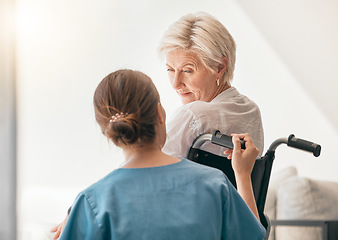 Image showing Old woman in wheelchair, help or caregiver talking for healthcare support at nursing home. Back, view or happy nurse speaking to senior patient or elderly person with a disability for empathy or hope