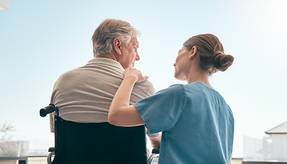 Image showing Old man in wheelchair, view or caregiver talking for healthcare support at nursing home. Back, window or nurse speaking to senior patient or elderly person with a disability for care, empathy or hope