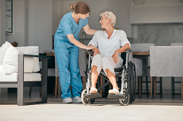 Image showing Old woman in wheelchair, trust or caregiver talking for healthcare support at nursing home. People, help or nurse speaking to senior patient or elderly person with a disability for empathy or hope