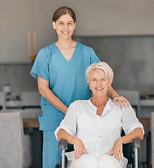 Image showing Portrait, nurse and senior woman in wheelchair in home kitchen, support and comfort. Happy caregiver, elderly person with a disability and retirement house for rehabilitation, health or physiotherapy